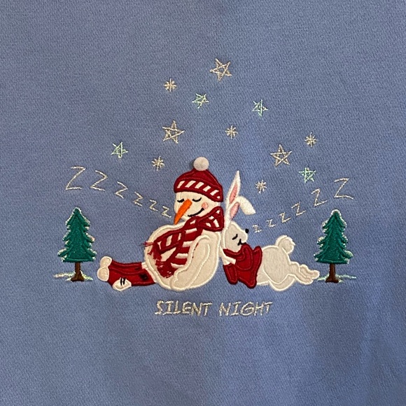 Blue 2X Christmas Sweatshirt embroidered snowman and rabbit “Silent Night” - Picture 2 of 4